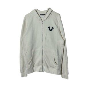 True Religion ivory stripe logo back full zip hoodie men's L